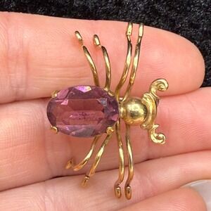 Vintage VanDell‎ Gold Filled Spider Brooch Pink Rhinestone Signed